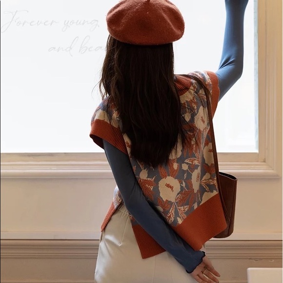 Floral know vest sweater too v-neck high low knit vintage soft orange - Picture 13 of 14